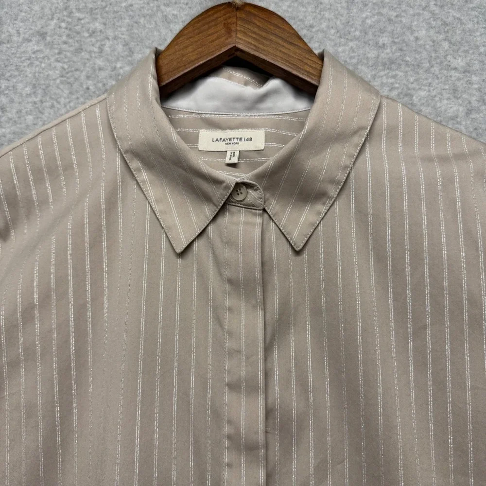 Lafayette 148 Button Down Top Womens L Taupe Pinstripe Minimalist Office Neutral - Picture 9 of 16